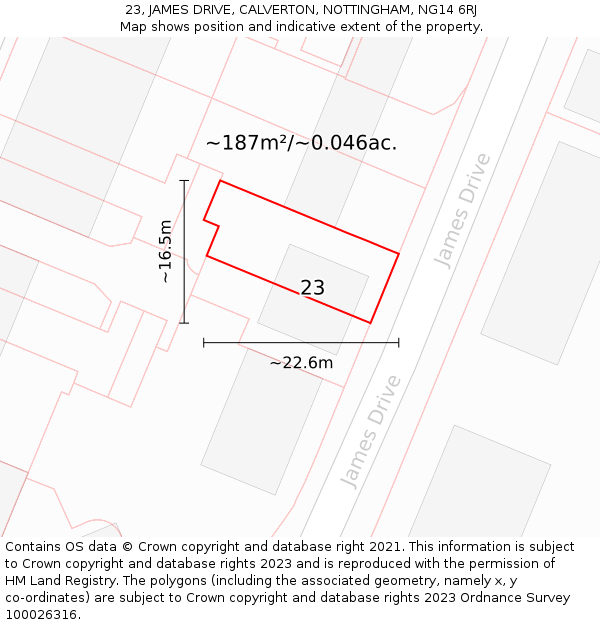 23, JAMES DRIVE, CALVERTON, NOTTINGHAM, NG14 6RJ: Plot and title map