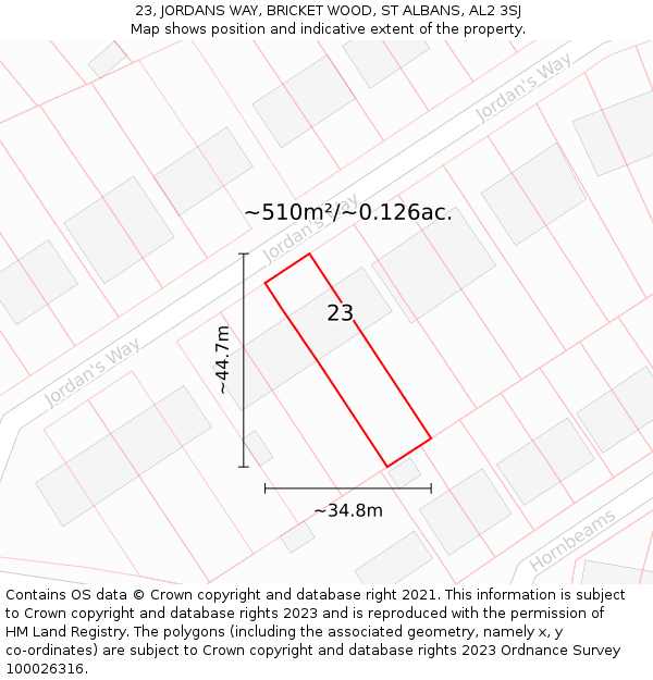 23, JORDANS WAY, BRICKET WOOD, ST ALBANS, AL2 3SJ: Plot and title map