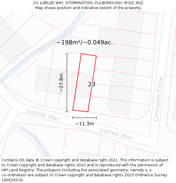 23, JUBILEE WAY, STORRINGTON, PULBOROUGH, RH20 3NZ: Plot and title map