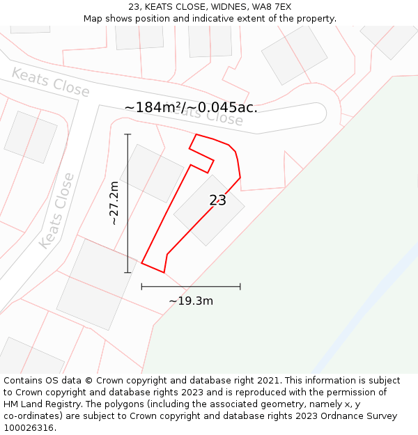 23, KEATS CLOSE, WIDNES, WA8 7EX: Plot and title map