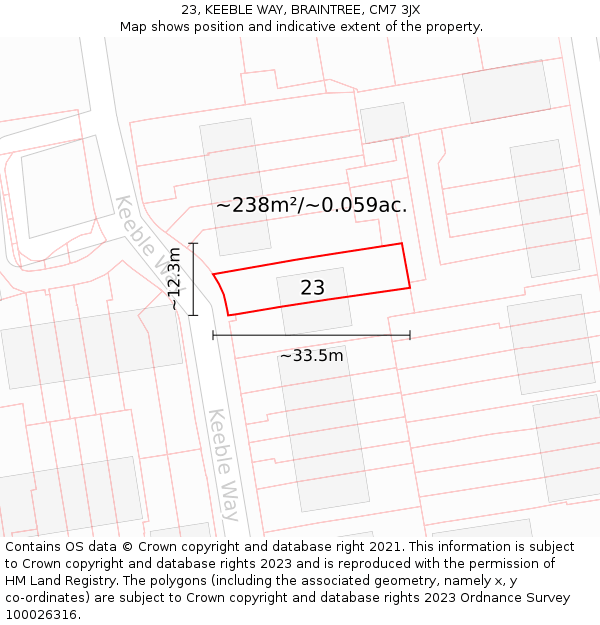 23, KEEBLE WAY, BRAINTREE, CM7 3JX: Plot and title map