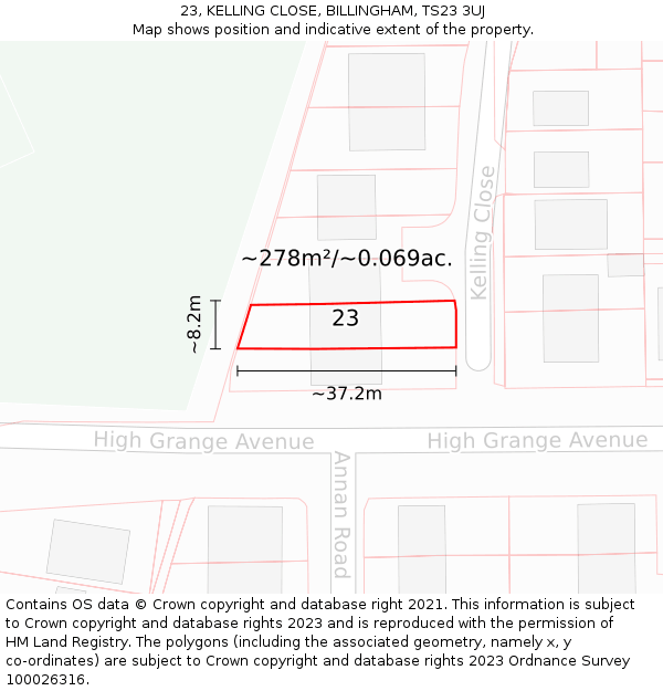 23, KELLING CLOSE, BILLINGHAM, TS23 3UJ: Plot and title map