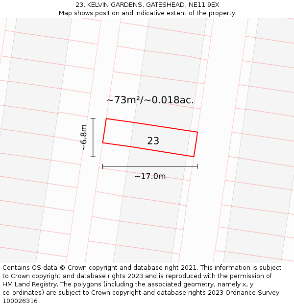 23, KELVIN GARDENS, GATESHEAD, NE11 9EX: Plot and title map