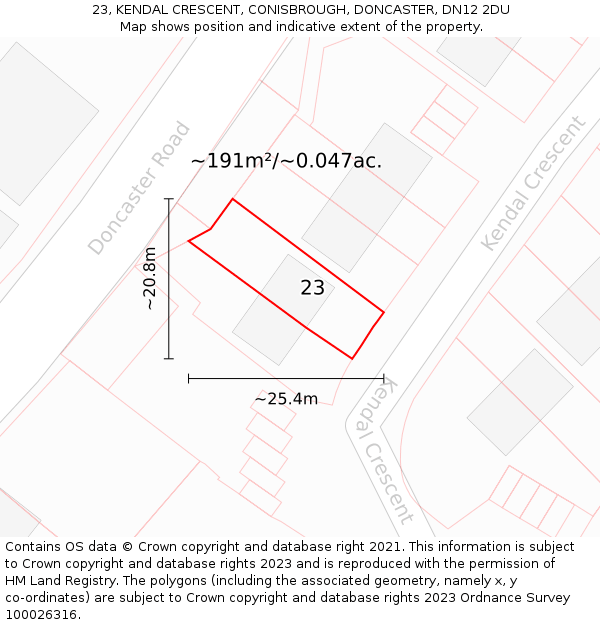 23, KENDAL CRESCENT, CONISBROUGH, DONCASTER, DN12 2DU: Plot and title map