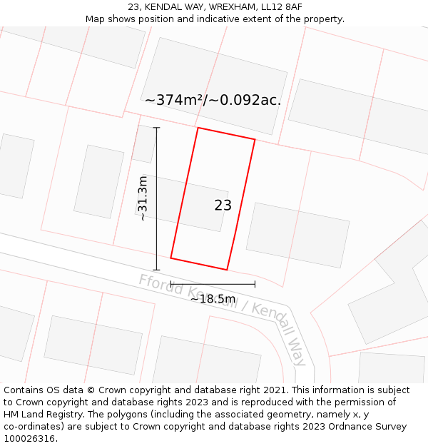 23, KENDAL WAY, WREXHAM, LL12 8AF: Plot and title map