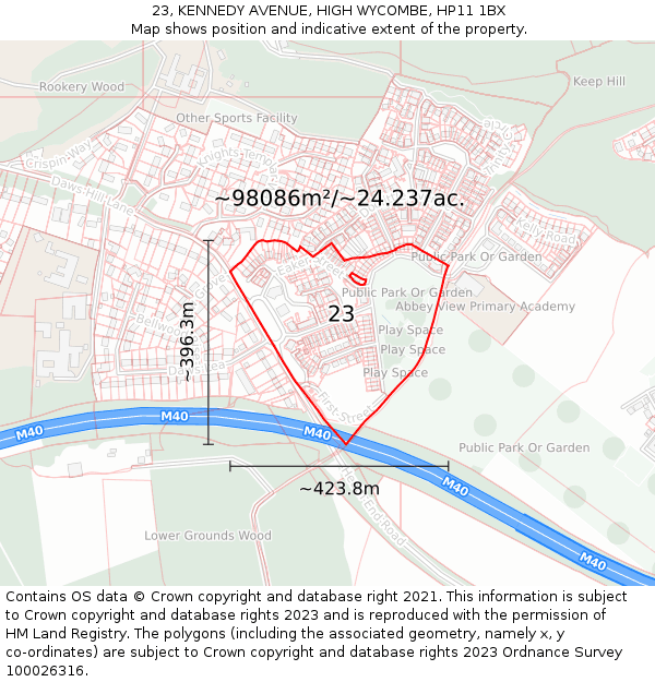 23, KENNEDY AVENUE, HIGH WYCOMBE, HP11 1BX: Plot and title map