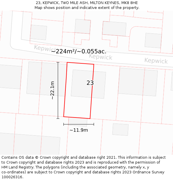 23, KEPWICK, TWO MILE ASH, MILTON KEYNES, MK8 8HE: Plot and title map