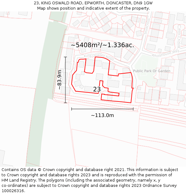 23, KING OSWALD ROAD, EPWORTH, DONCASTER, DN9 1GW: Plot and title map