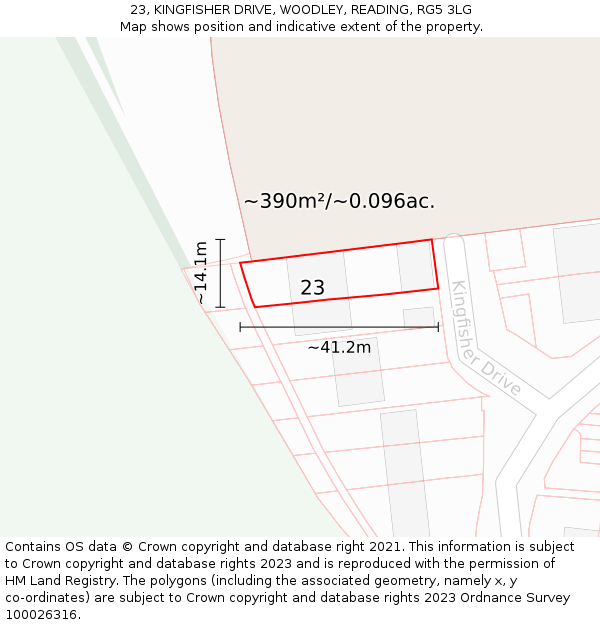 23, KINGFISHER DRIVE, WOODLEY, READING, RG5 3LG: Plot and title map