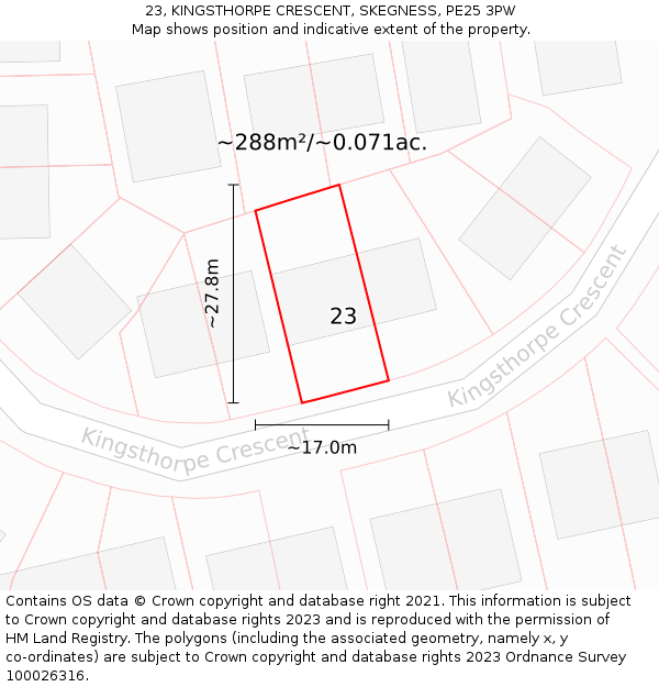 23, KINGSTHORPE CRESCENT, SKEGNESS, PE25 3PW: Plot and title map