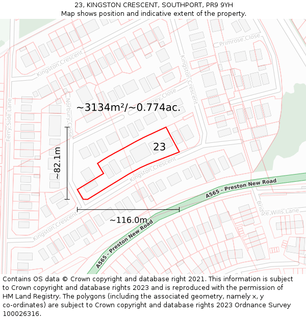 23, KINGSTON CRESCENT, SOUTHPORT, PR9 9YH: Plot and title map