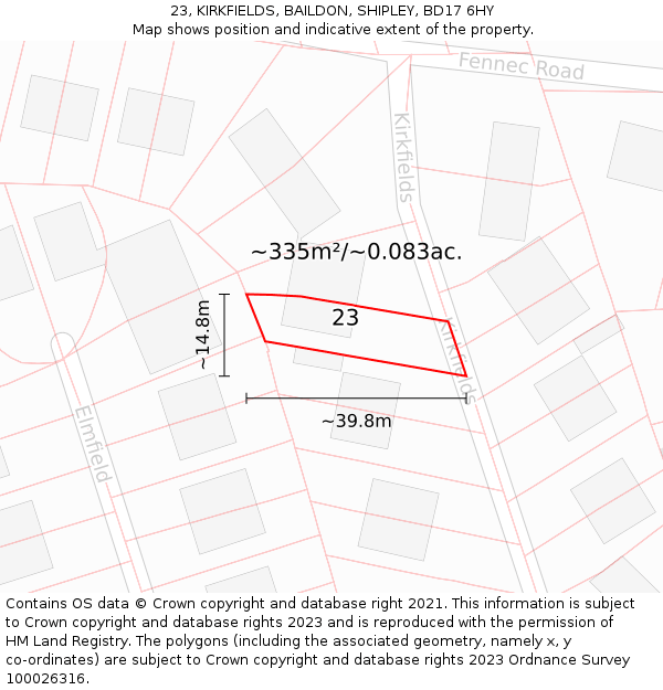 23, KIRKFIELDS, BAILDON, SHIPLEY, BD17 6HY: Plot and title map