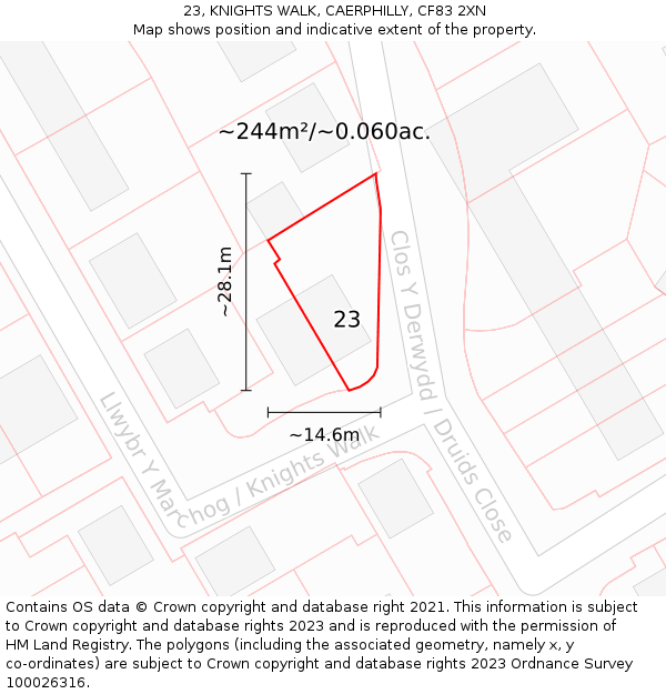 23, KNIGHTS WALK, CAERPHILLY, CF83 2XN: Plot and title map