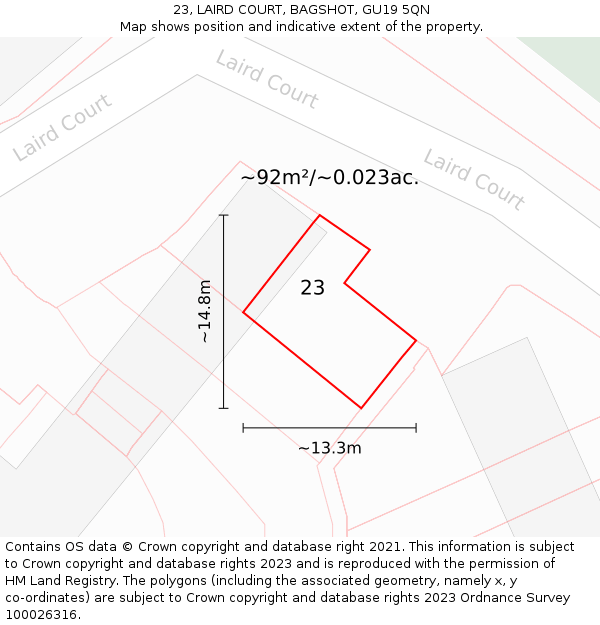 23, LAIRD COURT, BAGSHOT, GU19 5QN: Plot and title map