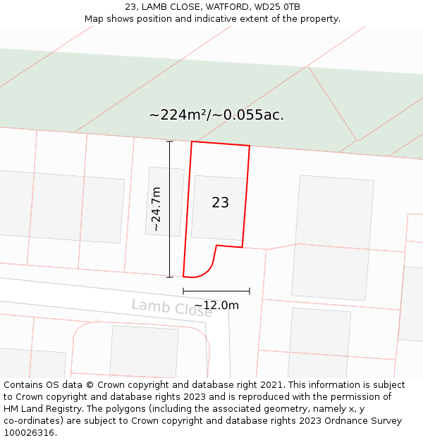 23, LAMB CLOSE, WATFORD, WD25 0TB: Plot and title map