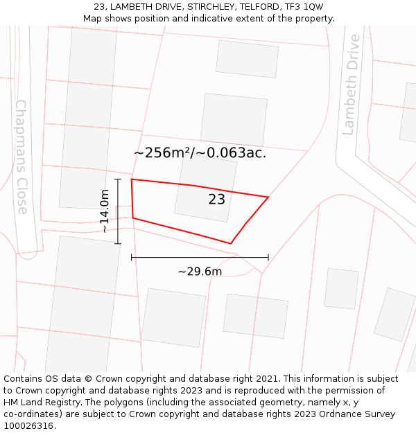 23, LAMBETH DRIVE, STIRCHLEY, TELFORD, TF3 1QW: Plot and title map