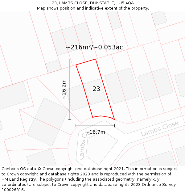 23, LAMBS CLOSE, DUNSTABLE, LU5 4QA: Plot and title map