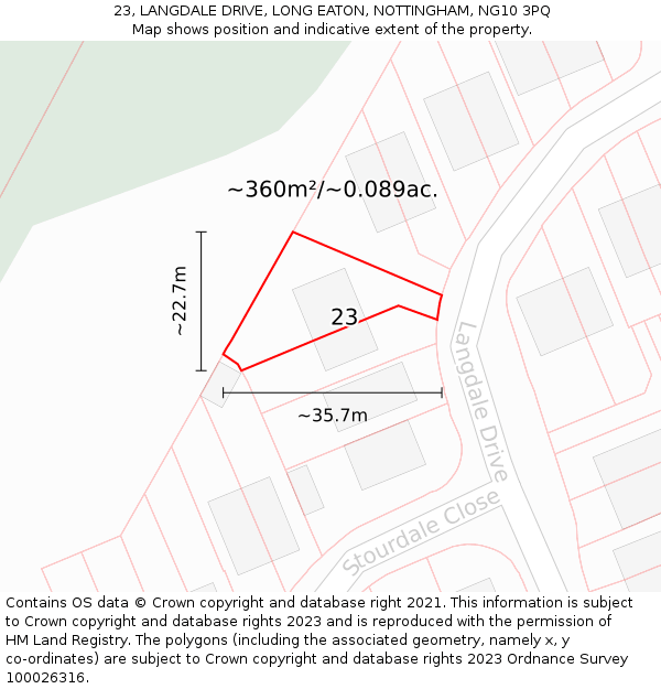 23, LANGDALE DRIVE, LONG EATON, NOTTINGHAM, NG10 3PQ: Plot and title map