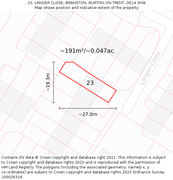 23, LANGER CLOSE, BRANSTON, BURTON-ON-TRENT, DE14 3HW: Plot and title map