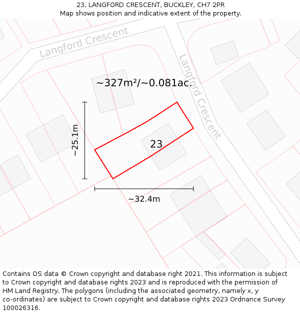 23, LANGFORD CRESCENT, BUCKLEY, CH7 2PR: Plot and title map