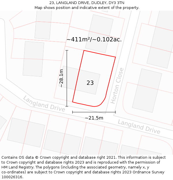 23, LANGLAND DRIVE, DUDLEY, DY3 3TN: Plot and title map