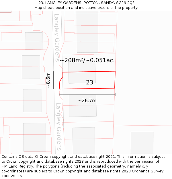 23, LANGLEY GARDENS, POTTON, SANDY, SG19 2QF: Plot and title map