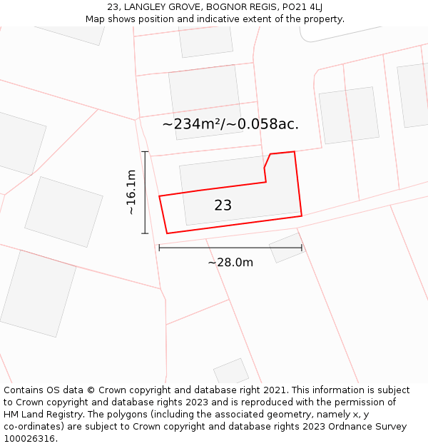 23, LANGLEY GROVE, BOGNOR REGIS, PO21 4LJ: Plot and title map