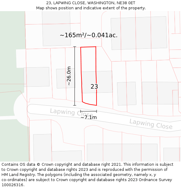 23, LAPWING CLOSE, WASHINGTON, NE38 0ET: Plot and title map