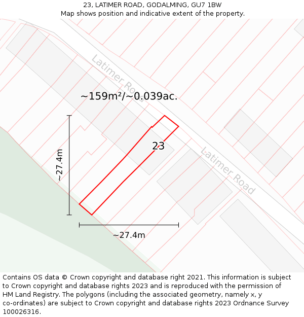 23, LATIMER ROAD, GODALMING, GU7 1BW: Plot and title map