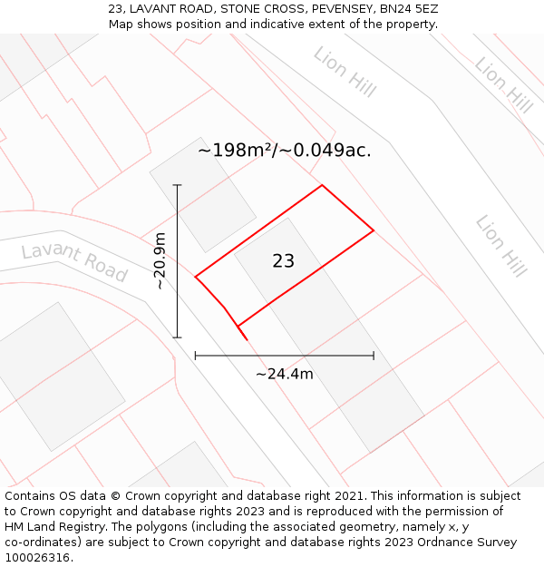 23, LAVANT ROAD, STONE CROSS, PEVENSEY, BN24 5EZ: Plot and title map