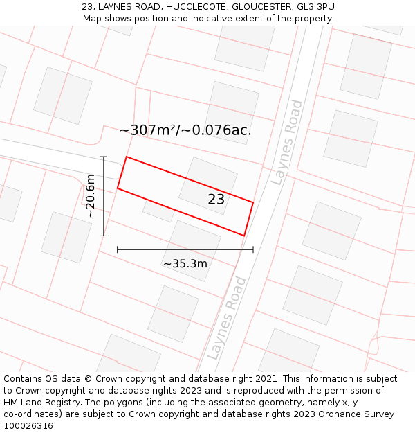 23, LAYNES ROAD, HUCCLECOTE, GLOUCESTER, GL3 3PU: Plot and title map