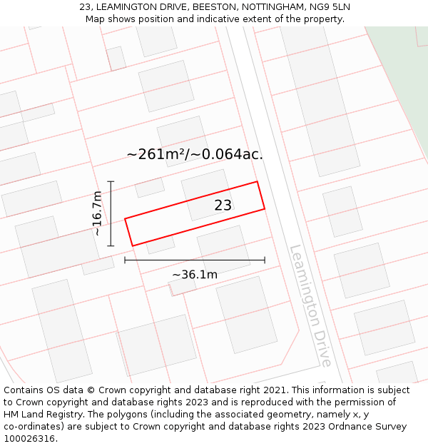 23, LEAMINGTON DRIVE, BEESTON, NOTTINGHAM, NG9 5LN: Plot and title map