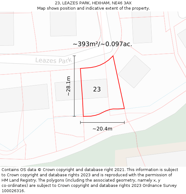 23, LEAZES PARK, HEXHAM, NE46 3AX: Plot and title map