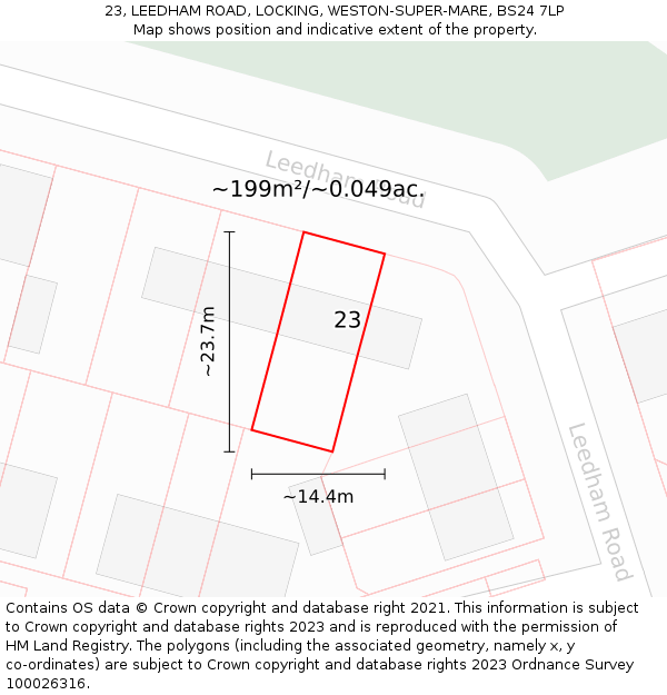 23, LEEDHAM ROAD, LOCKING, WESTON-SUPER-MARE, BS24 7LP: Plot and title map