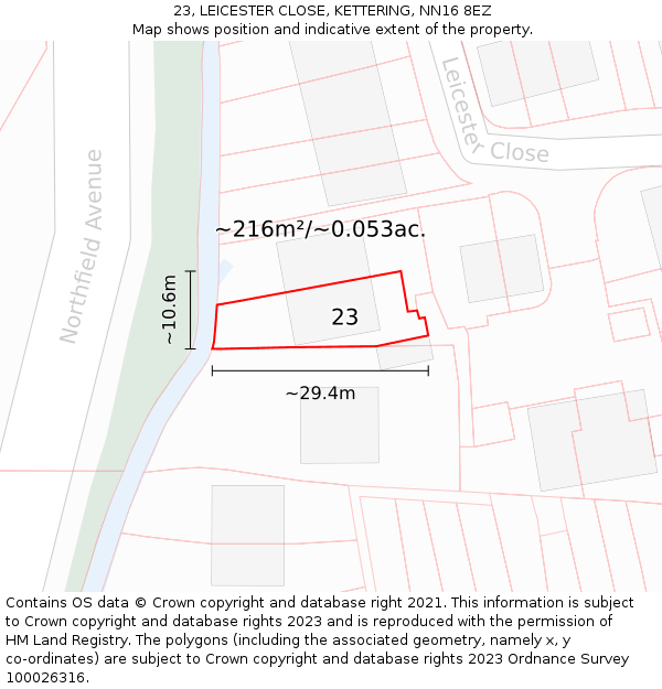 23, LEICESTER CLOSE, KETTERING, NN16 8EZ: Plot and title map