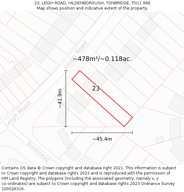 23, LEIGH ROAD, HILDENBOROUGH, TONBRIDGE, TN11 9AE: Plot and title map