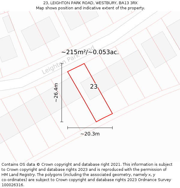 23, LEIGHTON PARK ROAD, WESTBURY, BA13 3RX: Plot and title map