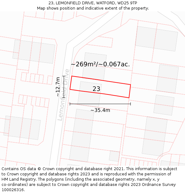 23, LEMONFIELD DRIVE, WATFORD, WD25 9TP: Plot and title map