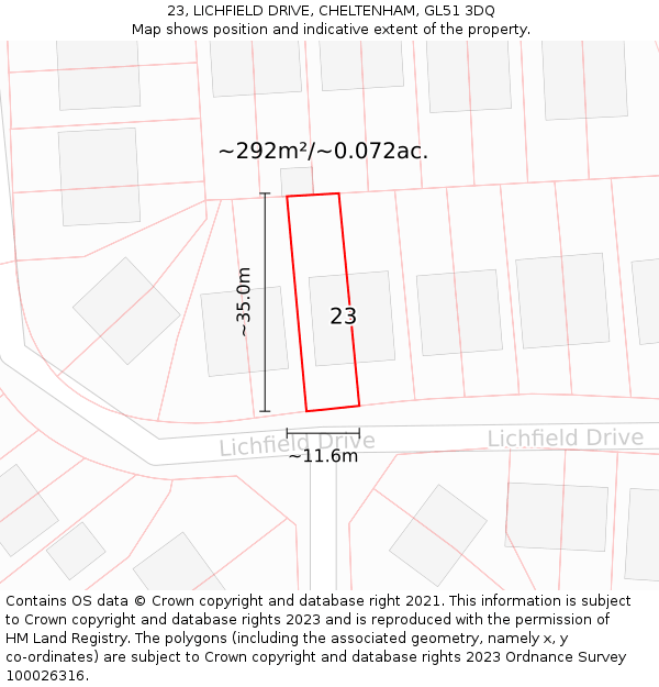 23, LICHFIELD DRIVE, CHELTENHAM, GL51 3DQ: Plot and title map