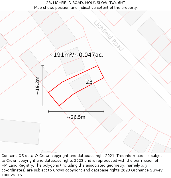 23, LICHFIELD ROAD, HOUNSLOW, TW4 6HT: Plot and title map