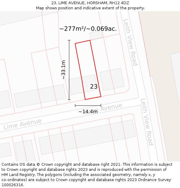 23, LIME AVENUE, HORSHAM, RH12 4DZ: Plot and title map