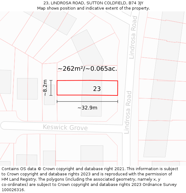 23, LINDROSA ROAD, SUTTON COLDFIELD, B74 3JY: Plot and title map