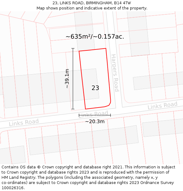 23, LINKS ROAD, BIRMINGHAM, B14 4TW: Plot and title map