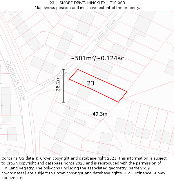 23, LISMORE DRIVE, HINCKLEY, LE10 0SR: Plot and title map