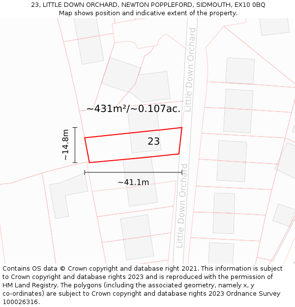 23, LITTLE DOWN ORCHARD, NEWTON POPPLEFORD, SIDMOUTH, EX10 0BQ: Plot and title map