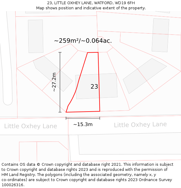 23, LITTLE OXHEY LANE, WATFORD, WD19 6FH: Plot and title map