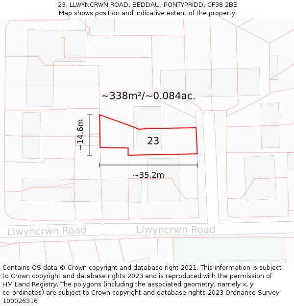 23, LLWYNCRWN ROAD, BEDDAU, PONTYPRIDD, CF38 2BE: Plot and title map