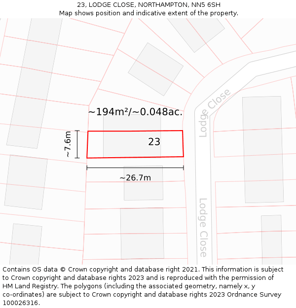 23, LODGE CLOSE, NORTHAMPTON, NN5 6SH: Plot and title map