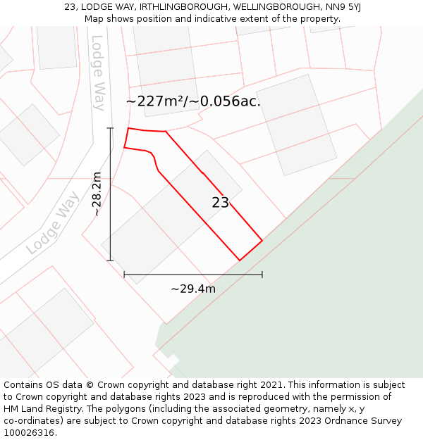 23, LODGE WAY, IRTHLINGBOROUGH, WELLINGBOROUGH, NN9 5YJ: Plot and title map