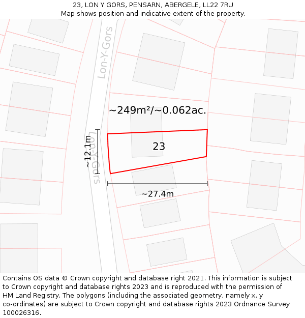 23, LON Y GORS, PENSARN, ABERGELE, LL22 7RU: Plot and title map